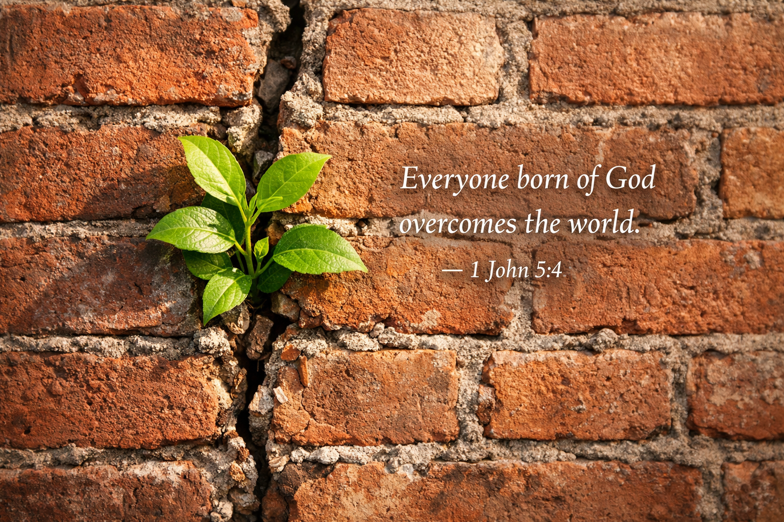 Small green plant growing through cracked brick wall with morning light and 1 John 5:4 verse about overcoming the world by faith